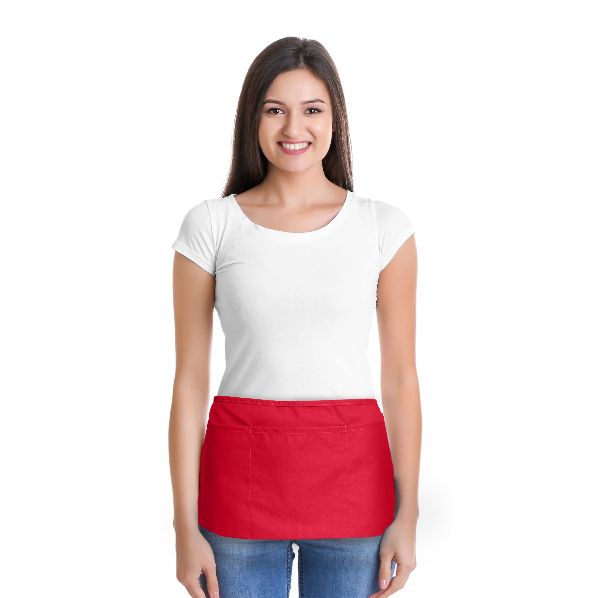 Dalix Waist Aprons Commercial Restaurant Home Bib Spun Poly Cotton Kitchen (3 Pockets) In Red 2 Pack